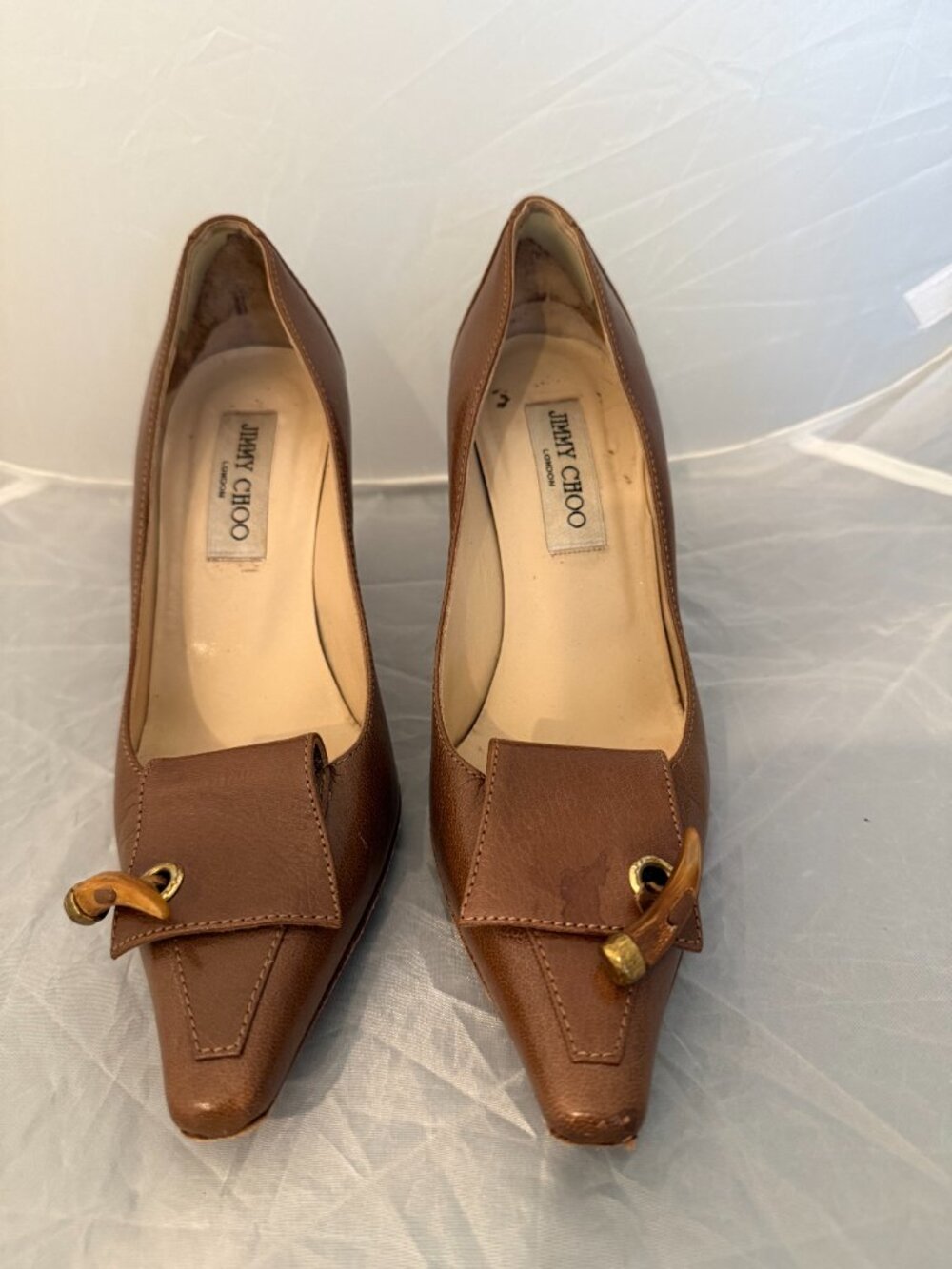 Vintage Jimmy Choo Brown Leather Pumps Heels with Horn Detail – Women's Size 7 - Picture 2 of 8